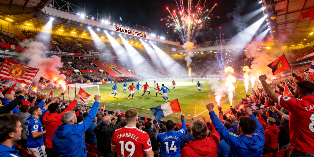 英超联赛曼彻斯特德比火爆场面，球迷看台人山人海